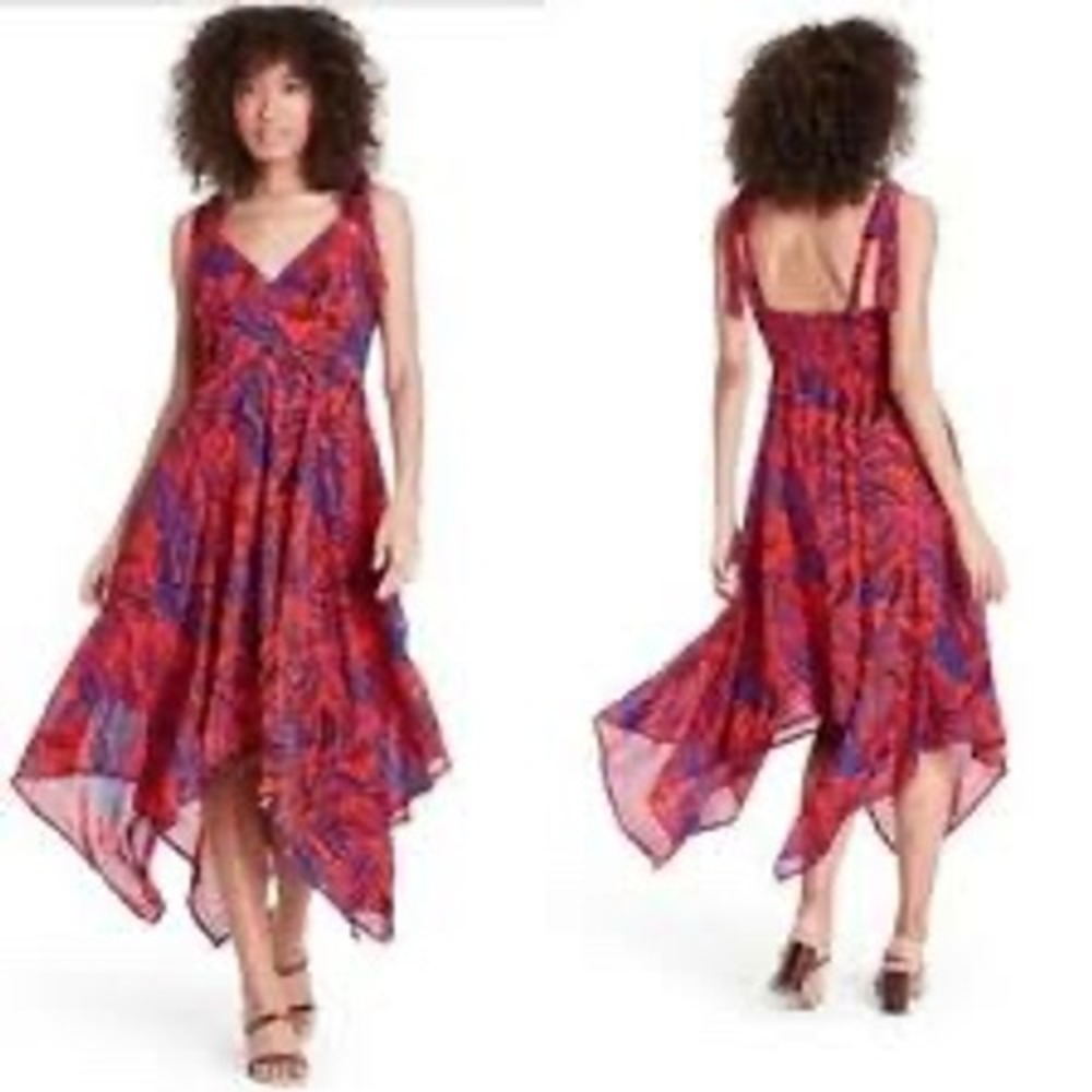 Alexis Womens Midi Dress Tropical Leaf Print Tie Shoulder Red Blue Size M